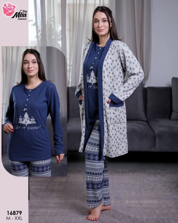 Rose Miss Ensemble pyjama Noël et peignoir 3 pièces – Réf 16879 – Bleu marine