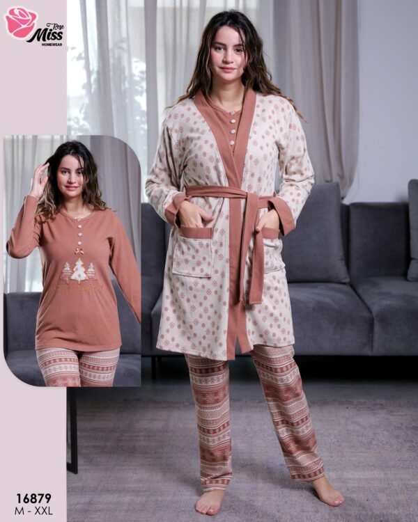 Rose Miss Ensemble pyjama Noël et peignoir 3 pièces – Réf 16879 – Terracotta