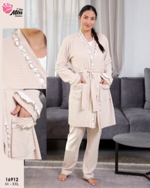 Rose Miss Ensemble pyjama ourson et peignoir 3 pièces – Réf 16912 – Beige