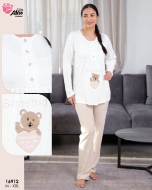 Rose Miss Ensemble pyjama ourson et peignoir 3 pièces – Réf 16912 – Blanc cassé