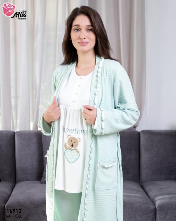 Rose Miss Ensemble pyjama ourson et peignoir 3 pièces – Réf 16912 – Vert d'eau