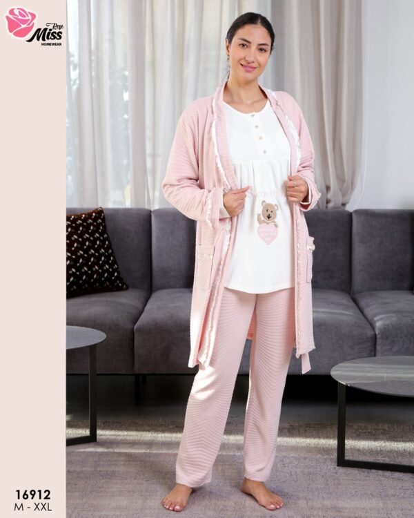 Rose Miss Ensemble pyjama ourson et peignoir 3 pièces – Réf 16912 – Rose pâle