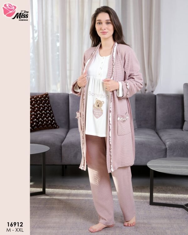 Rose Miss Ensemble pyjama ourson et peignoir 3 pièces – Réf 16912 – Vieux rose