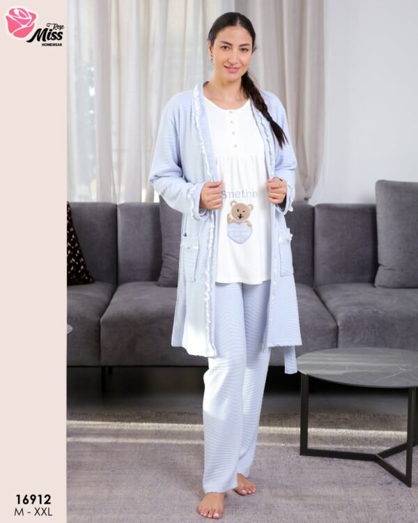 Rose Miss Ensemble pyjama ourson et peignoir 3 pièces – Réf 16912 – Bleu ciel