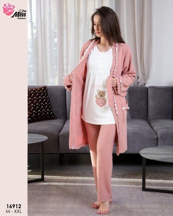 Rose Miss Ensemble pyjama ourson et peignoir 3 pièces – Réf 16912 – Saumon