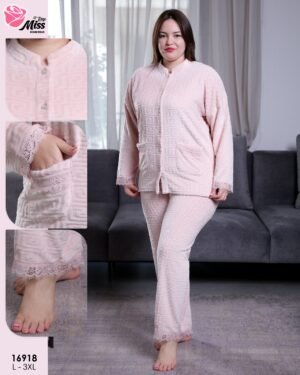 Rose Miss Pyjama polaire boutonné dentelle – Réf 16918 – Rose pâle