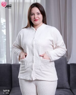 Rose Miss Pyjama polaire boutonné dentelle – Réf 16918 – Écru