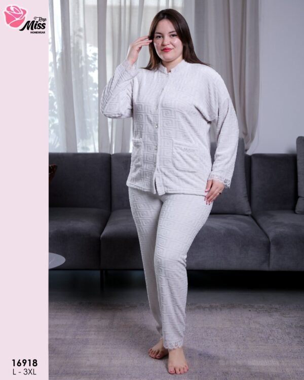 Rose Miss Pyjama polaire boutonné dentelle – Réf 16918 – Gris clair