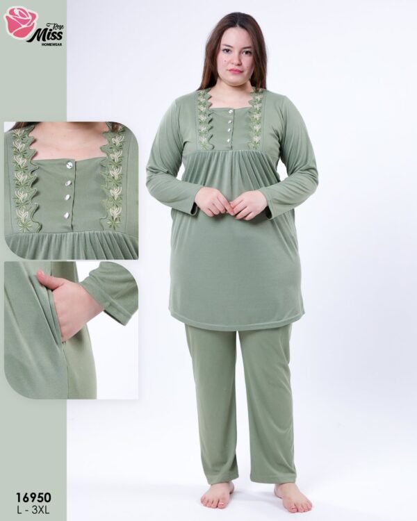Rose Miss Pyjama tunique brodée – Réf 16950 – Vert sauge