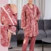 Rose Miss Ensemble pyjama boutonné et peignoir fleuri 3 pièces – Réf 16951 – Rose brique