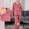 Rose Miss Ensemble pyjama boutonné et peignoir fleuri 3 pièces – Réf 16951 – Rose foncé