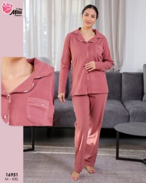 Rose Miss Ensemble pyjama boutonné et peignoir fleuri 3 pièces – Réf 16951 – Rose foncé