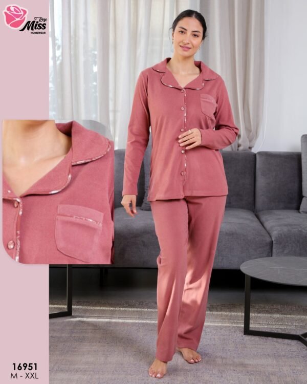 Rose Miss Ensemble pyjama boutonné et peignoir fleuri 3 pièces – Réf 16951 – Rose foncé
