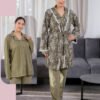 Rose Miss Ensemble pyjama boutonné et peignoir fleuri 3 pièces – Réf 16951 – Vert olive