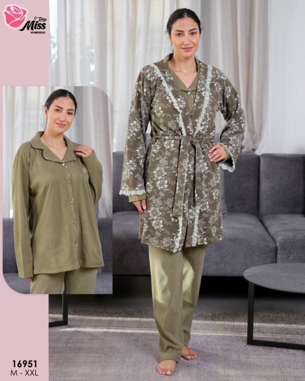 Rose Miss Ensemble pyjama boutonné et peignoir fleuri 3 pièces – Réf 16951 – Vert olive