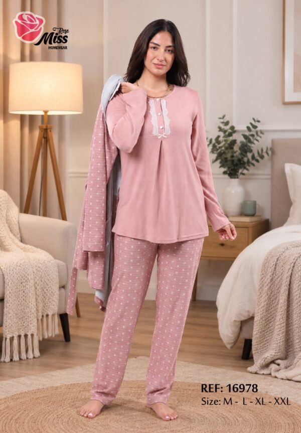 Rose Miss Ensemble pyjama et peignoir 3 pièces – Réf 16978 – Rose