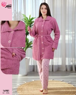 Rose Miss Ensemble pyjama boutonné et veste polaire ceinturée 3 pièces – Réf 16981 – Rose