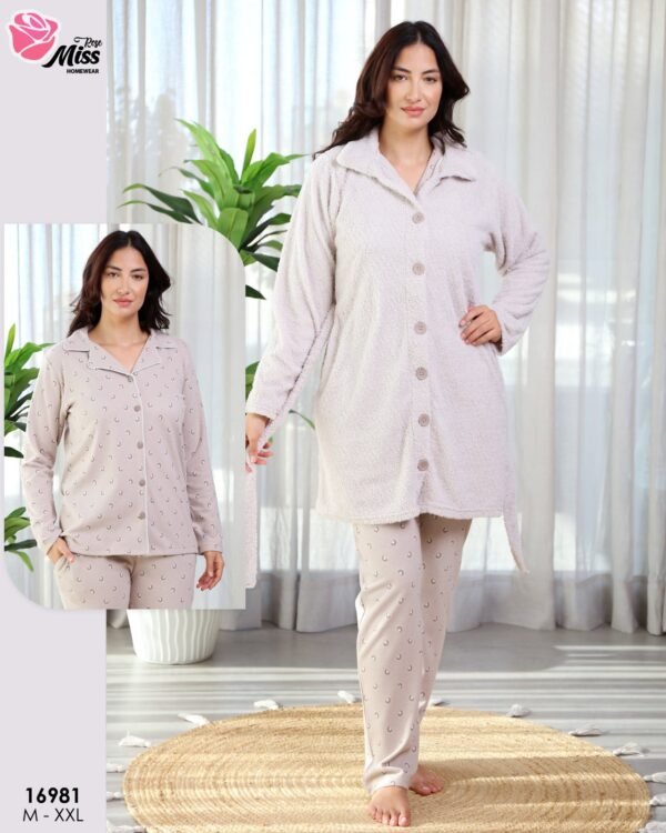 Rose Miss Ensemble pyjama boutonné et veste polaire ceinturée 3 pièces – Réf 16981 – Beige