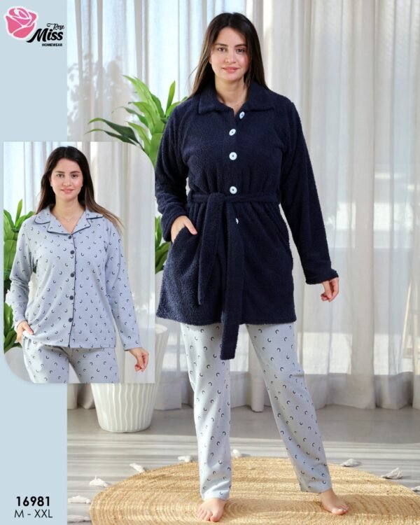 Rose Miss Ensemble pyjama boutonné et veste polaire ceinturée 3 pièces – Réf 16981 – Bleu marine