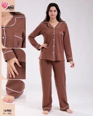 Rose Miss Pyjama boutonné passepoil blanc – Réf 16983 – Marron