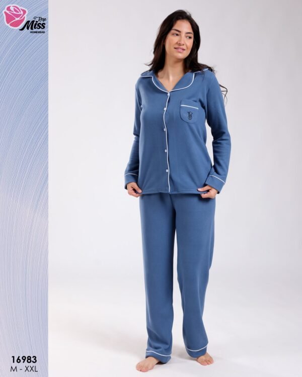 Rose Miss Pyjama boutonné passepoil blanc – Réf 16983 – Bleu acier