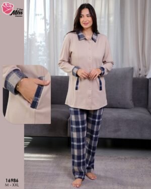 Rose Miss Pyjama boutonné à carreaux – Réf 16986 – Beige