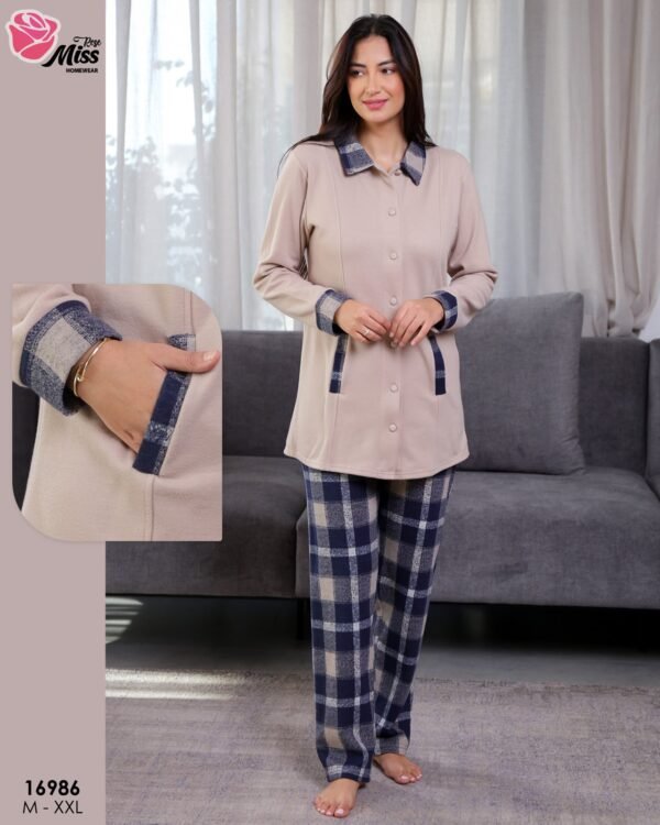 Rose Miss Pyjama boutonné à carreaux – Réf 16986 – Beige