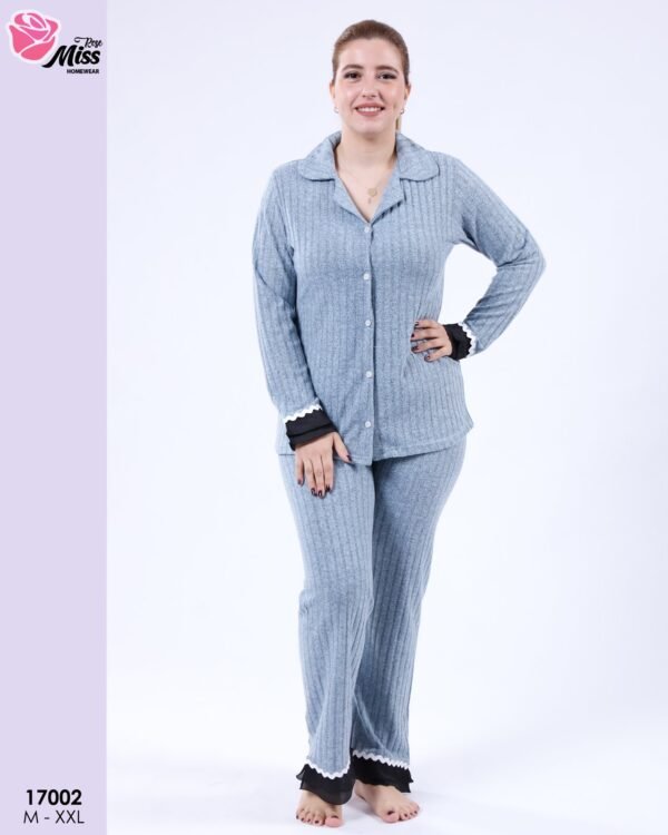 Rose Miss Pyjama boutonné côtelé – Réf 17002 – Bleu jean