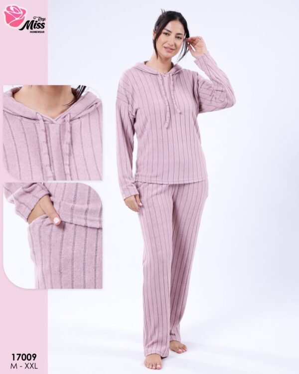 Rose Miss Pyjama côtelé à capuche – Réf 17009 – Vieux rose