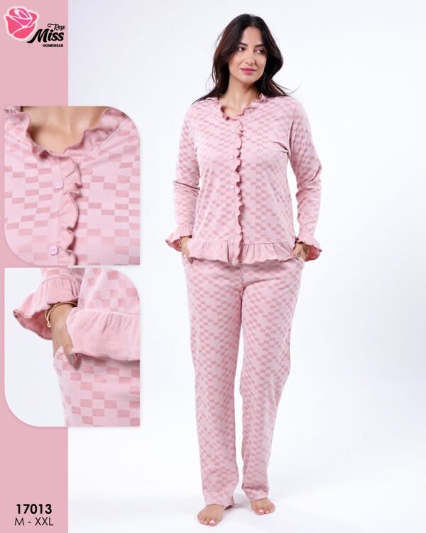 Rose Miss Pyjama boutonné à volants damier – Réf 17013 – Rose