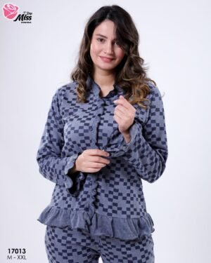 Rose Miss Pyjama boutonné à volants damier – Réf 17013 – Bleu gris