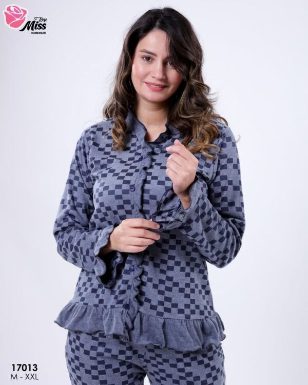 Rose Miss Pyjama boutonné à volants damier – Réf 17013 – Bleu gris