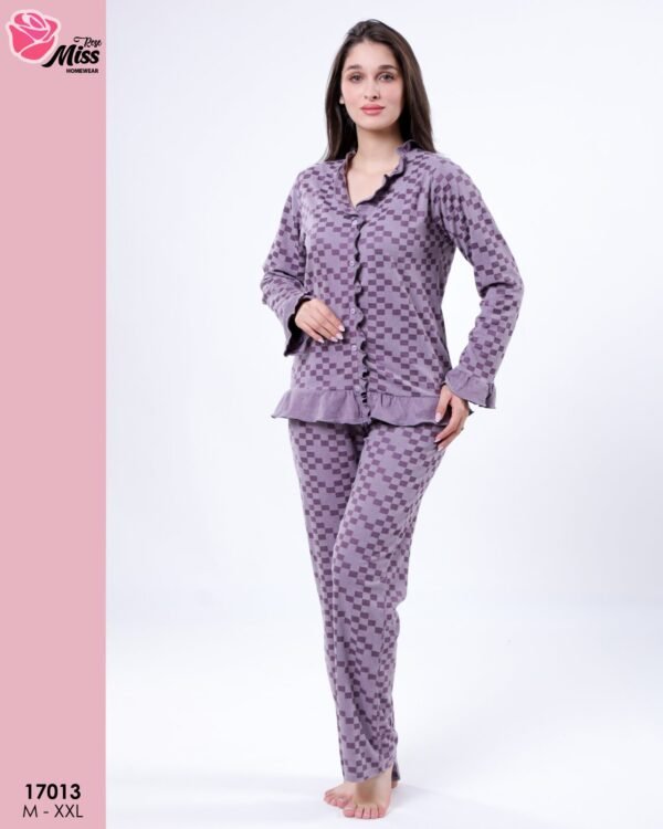 Rose Miss Pyjama boutonné à volants damier – Réf 17013 – Mauve