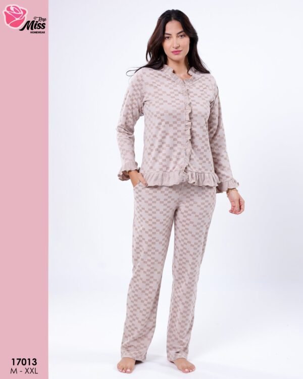 Rose Miss Pyjama boutonné à volants damier – Réf 17013 – Beige
