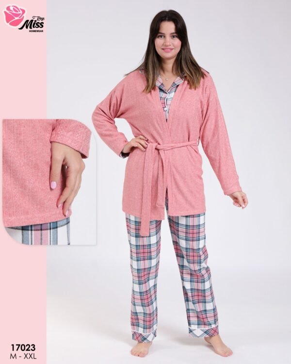 Rose Miss Ensemble pyjama à carreaux et gilet 3 pièces – Réf 17023 – Corail