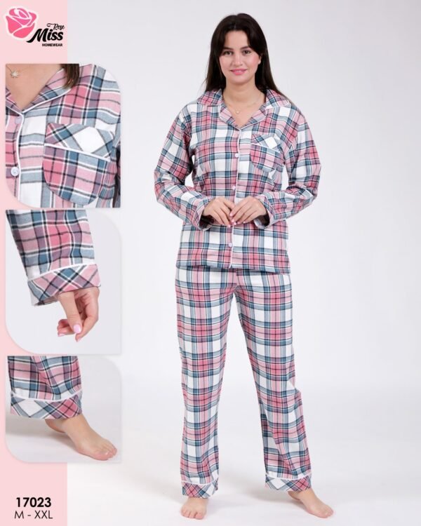Rose Miss Ensemble pyjama à carreaux et gilet 3 pièces – Réf 17023 – Rose et bleu
