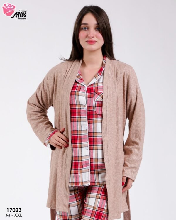 Rose Miss Ensemble pyjama à carreaux et gilet 3 pièces – Réf 17023 – Beige et rouge
