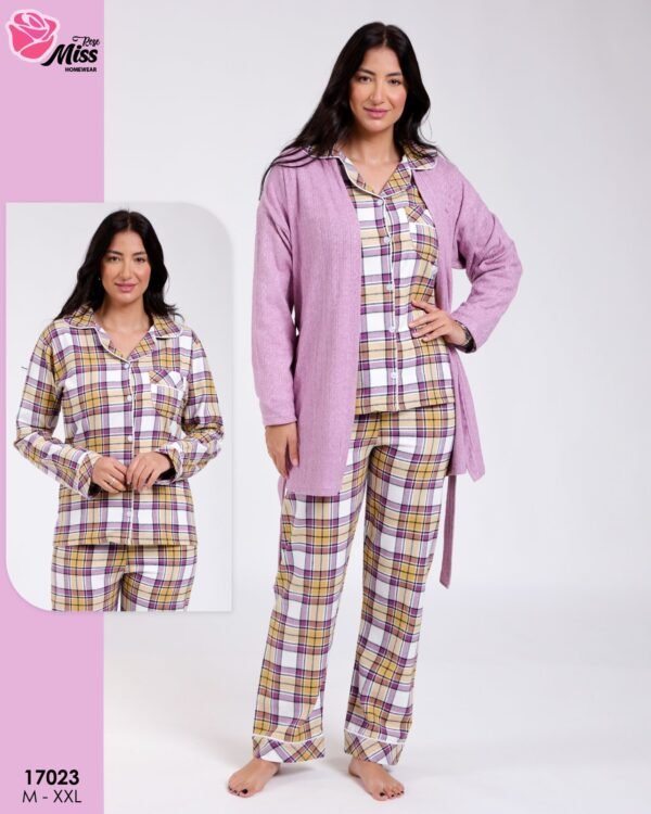 Rose Miss Ensemble pyjama à carreaux et gilet 3 pièces – Réf 17023 – Lilas et jaune