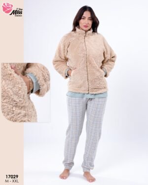 Rose Miss Ensemble pyjama polaire et veste fourrure 3 pièces – Réf 17029 – Beige