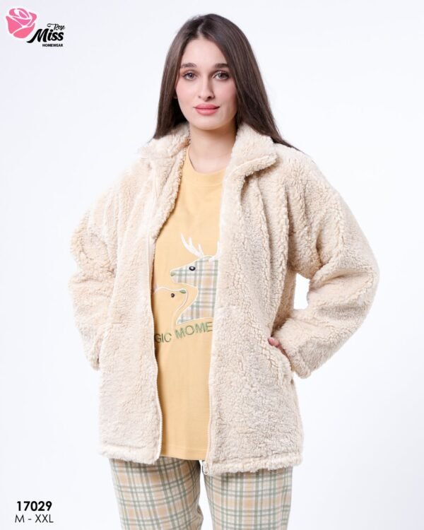 Rose Miss Ensemble pyjama polaire et veste fourrure 3 pièces – Réf 17029 – Crème
