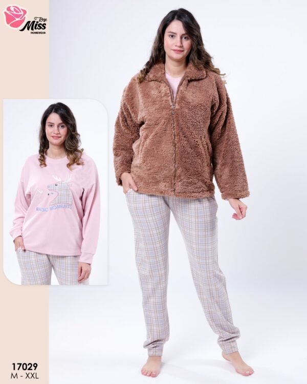 Rose Miss Ensemble pyjama polaire et veste fourrure 3 pièces – Réf 17029 – Marron