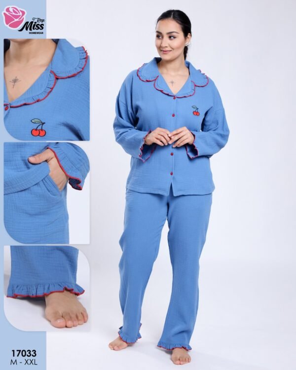 Rose Miss Pyjama boutonné gaufré – Réf 17033 – Bleu jean