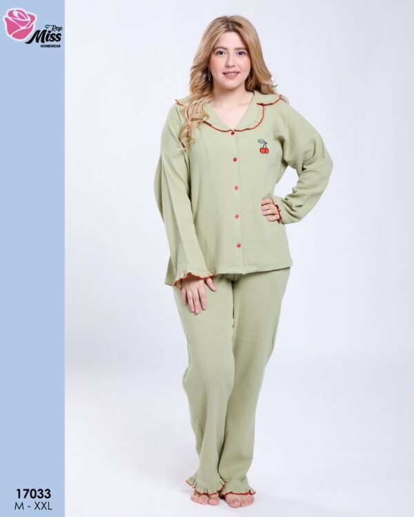 Rose Miss Pyjama boutonné gaufré – Réf 17033 – Vert anis