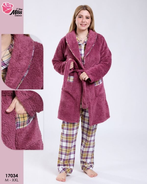 Rose Miss Ensemble pyjama à carreaux et peignoir fourrure 3 pièces – Réf 17034 – Bordeaux