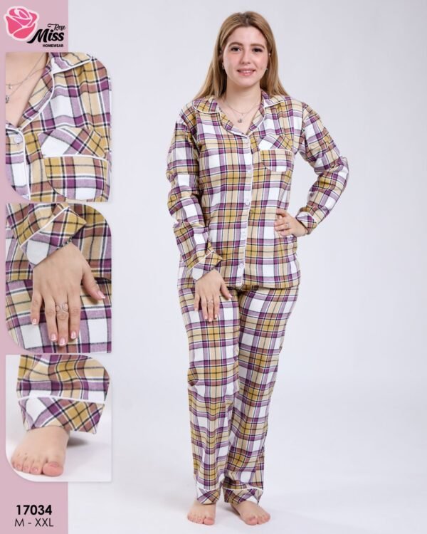 Rose Miss Ensemble pyjama à carreaux et peignoir fourrure 3 pièces – Réf 17034 – Jaune et violet