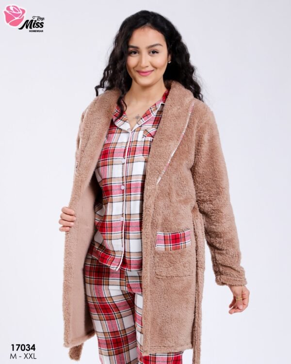 Rose Miss Ensemble pyjama à carreaux et peignoir fourrure 3 pièces – Réf 17034 – Beige et rouge