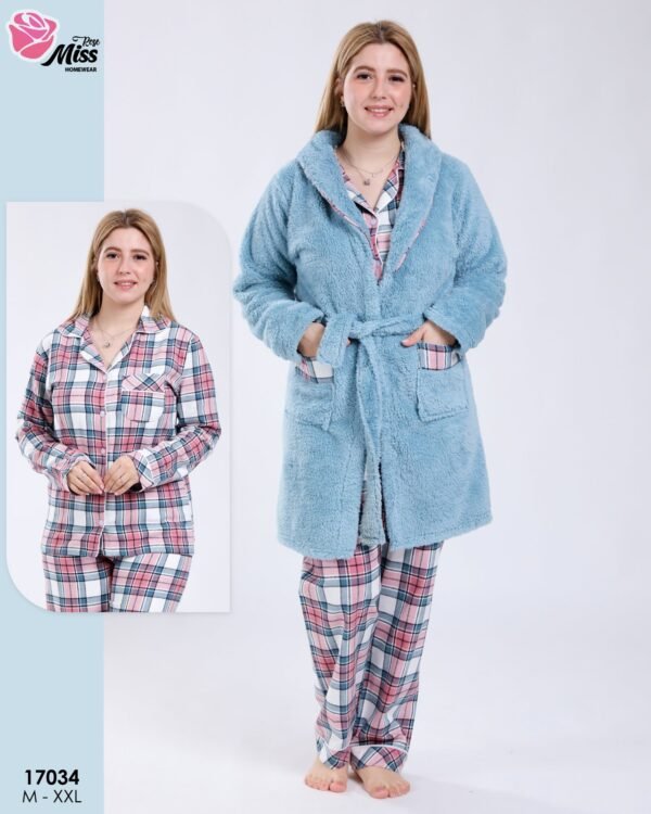 Rose Miss Ensemble pyjama à carreaux et peignoir fourrure 3 pièces – Réf 17034 – Bleu ciel
