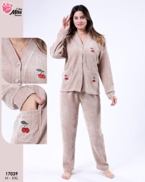 Rose Miss Pyjama velours côtelé boutonné – Réf 17039 – Beige