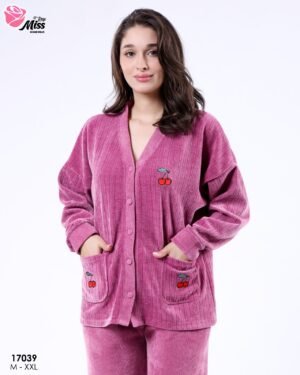 Rose Miss Pyjama velours côtelé boutonné – Réf 17039 – Framboise