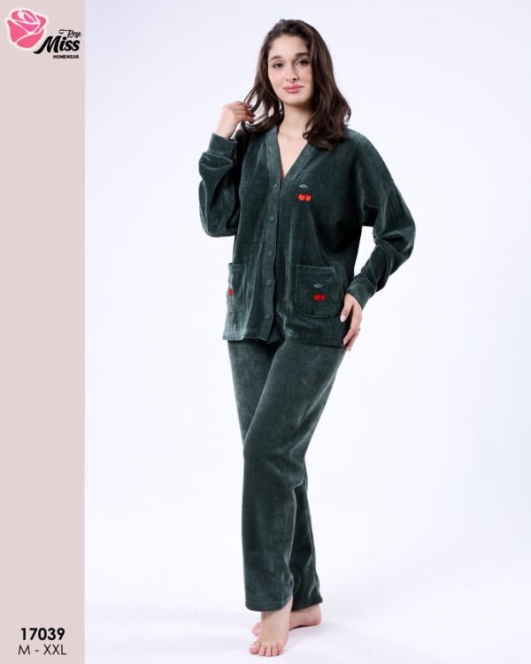 Rose Miss Pyjama velours côtelé boutonné – Réf 17039 – Vert foncé